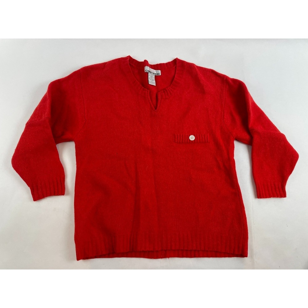 Cara Soho Sweater Women's Size M Red Slit Neckline Ribbed Edges Long Slv Vintage